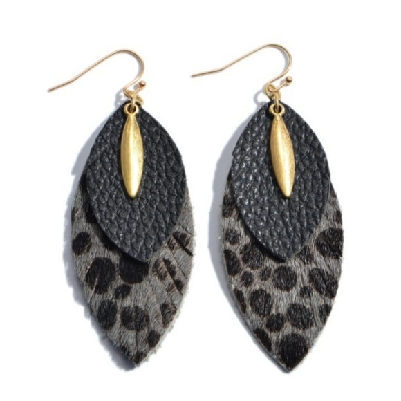 Private Label Jewelry - Faux Leather Animal Print Layered Drop Earrings (Gray)
